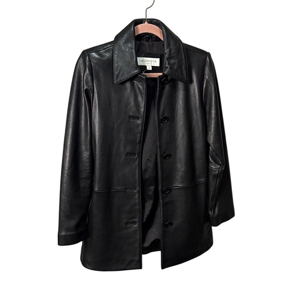 Liz Claiborne Petite Black Leather Jacket Coat Button Front SP Small - Picture 1 of 8